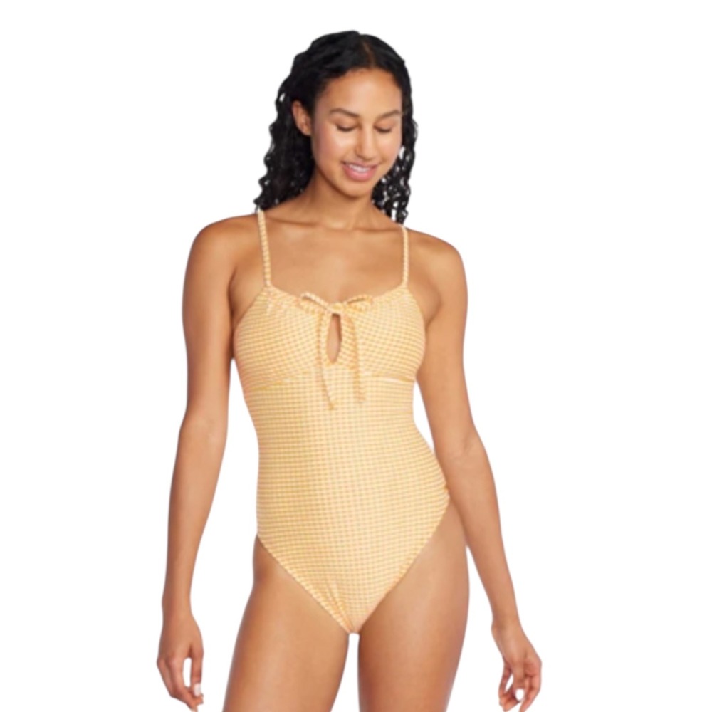Rhythm Gingham Yellow and White Textured One Piece Swimsuit Tie Front L